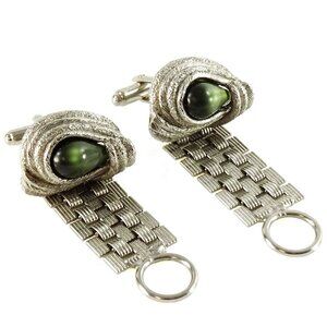 Chunky Vintage Wrap Around Mesh Cufflinks Silvertone Steampunk Green